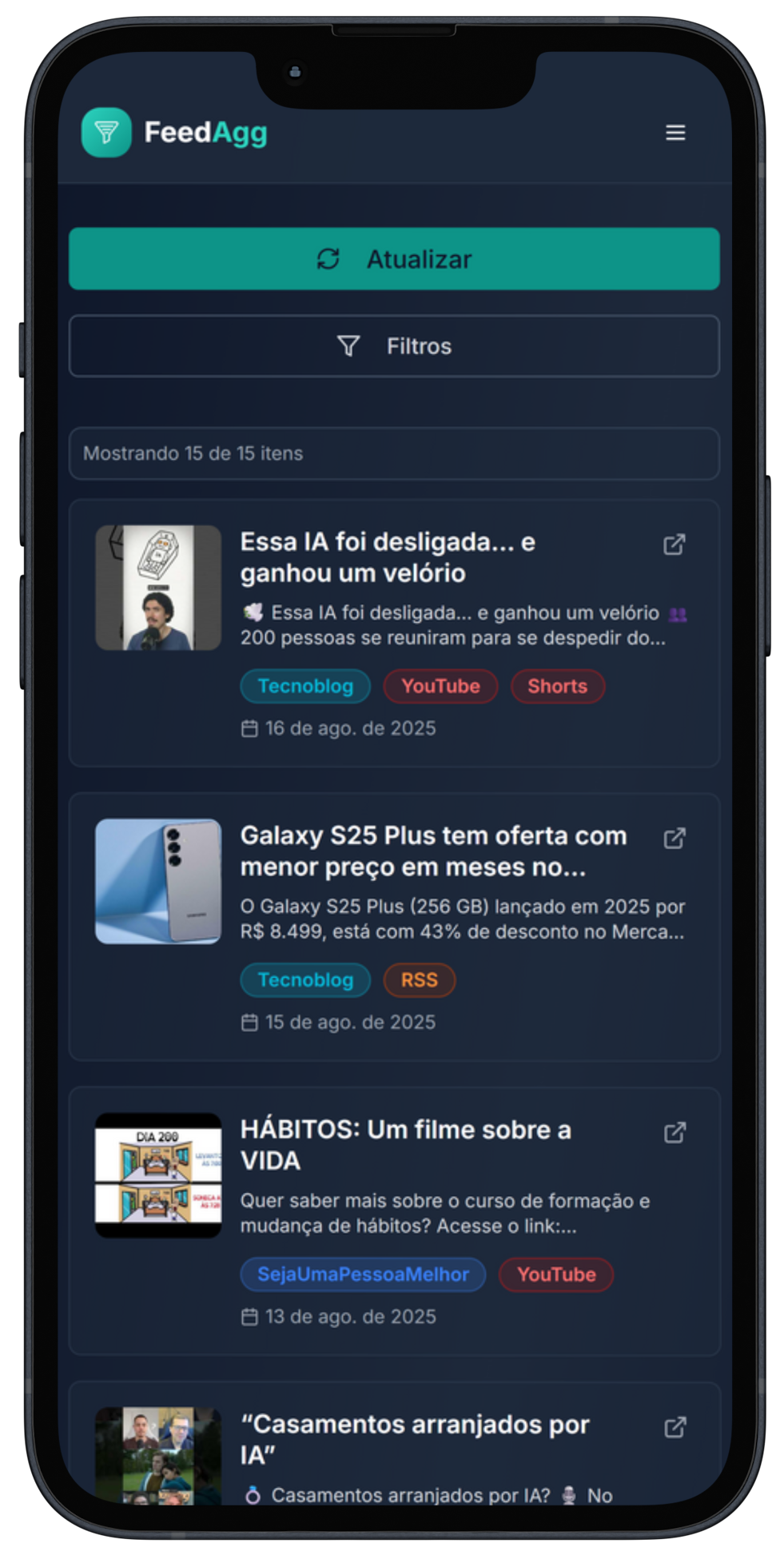 Painel do FeedAgg no celular